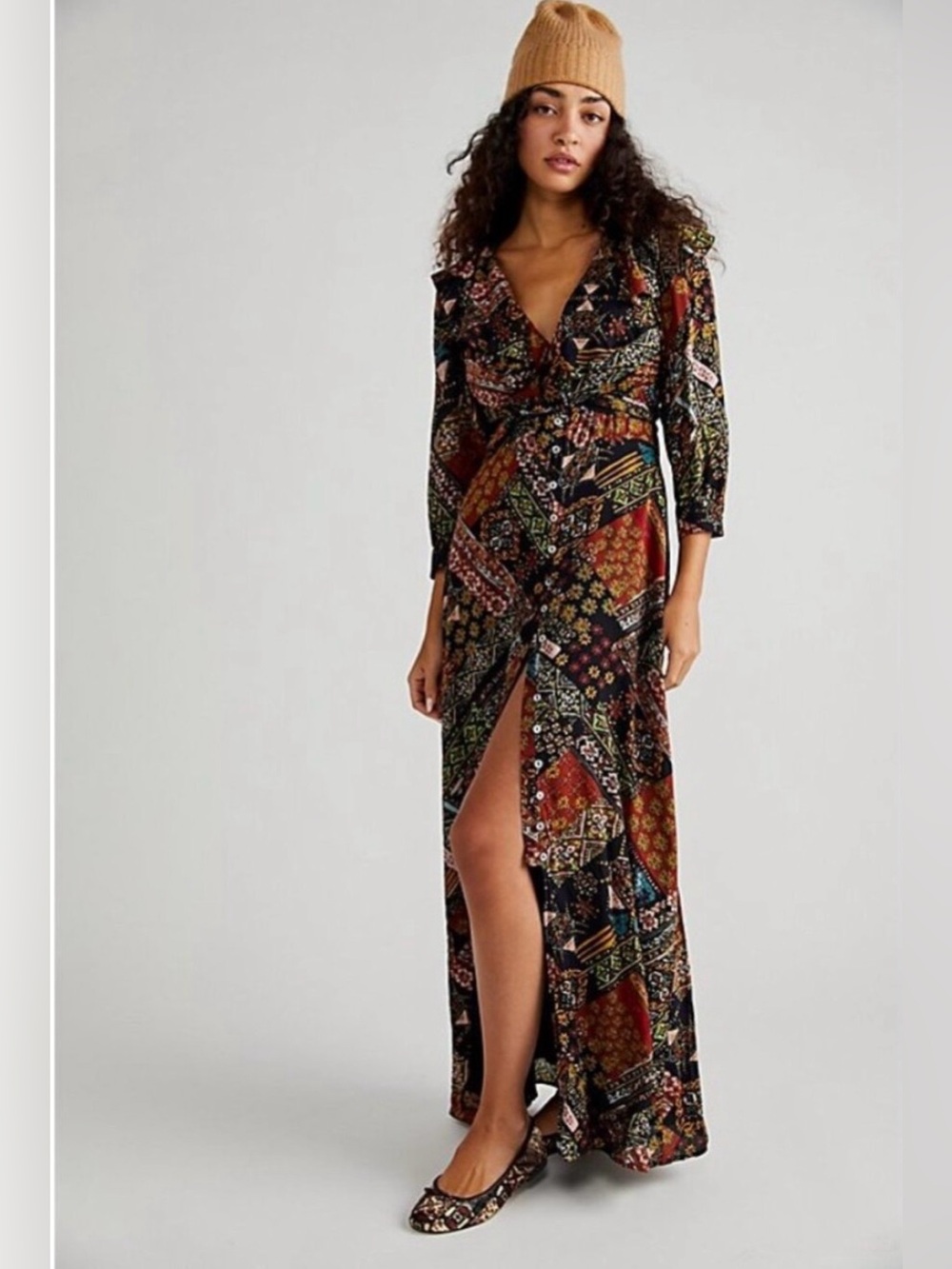 Free People Lennon Black Multi Boho Patchwork Maxi Dress XS